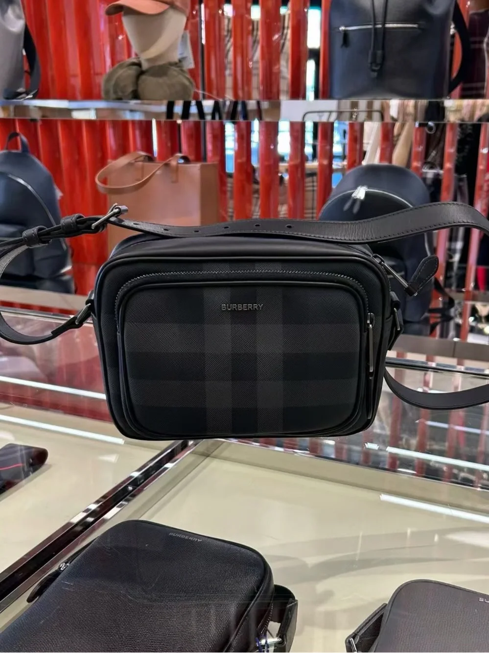 Burberry Black charcoal Check Leather Messenger Bag